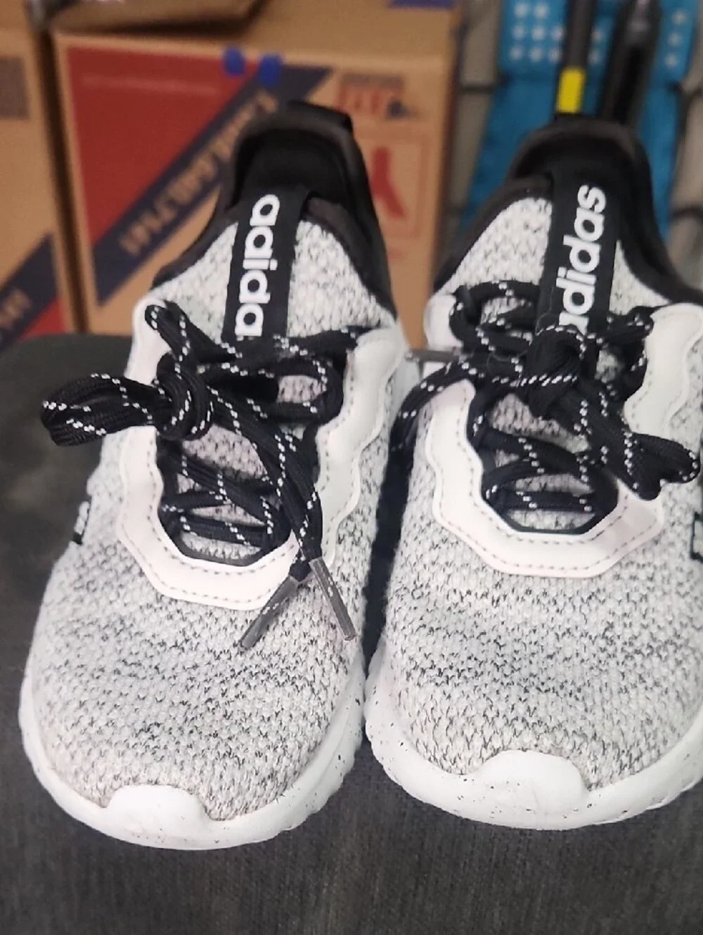 adidas Kids Gray Knit Sneakers with Black and White Accents